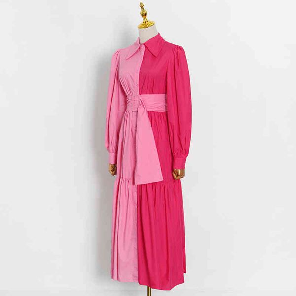 

casual dresses twotwinstyle two tone gathered waist belted women long dress lapel full sleeve colorblock frill mock clothing spring style nr, Black;gray