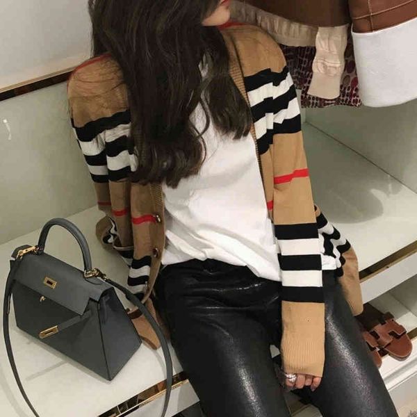 

version designer high women's knits striped cardigan mid-length color matching temperament v-neck slimming of knitted sweater jacket wo, White