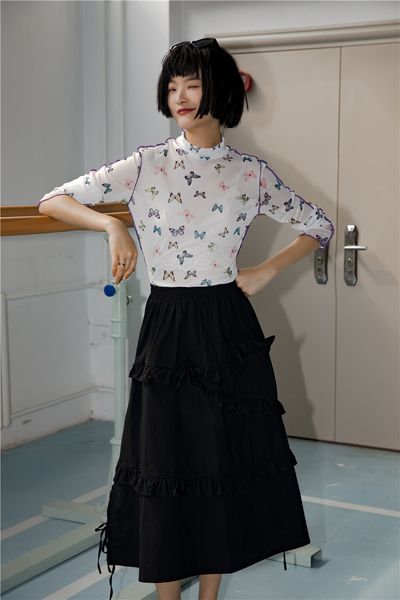 

2021 new butterfly turtleneck printed tshirt mesh long sleeve t shirt women summer fashion tee vogue p6po, White