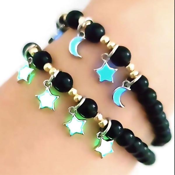 

charm bracelets night fluorescence stone luminous moon star glow in the dark bracelet beads for men women halloween gift, Golden;silver
