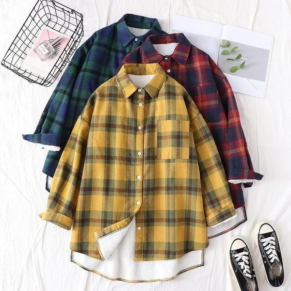 

winter women shirts new harajuku casual velvet plaid yellow red lapel long sleeve cotton blouse korean simple warm, White