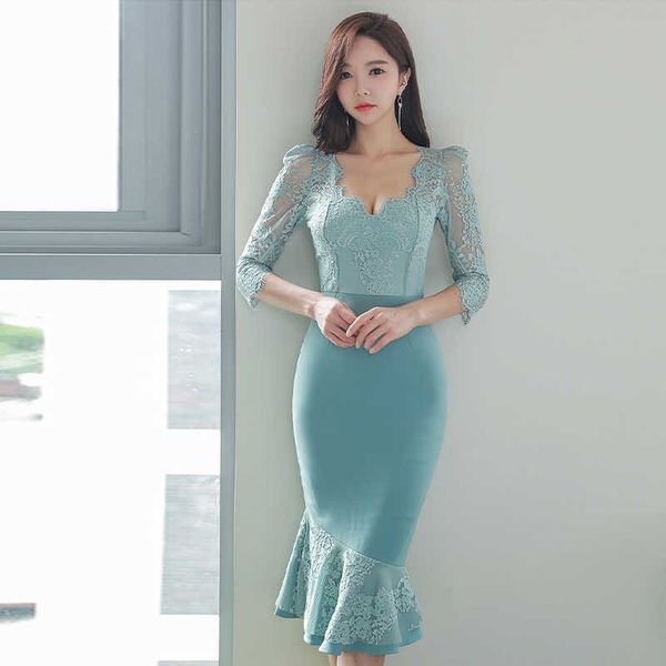 

spring elegant lace patchwork office work dress women v-neck high waist bodycon mermaid dresses korean party vestidos 210529, Black;gray