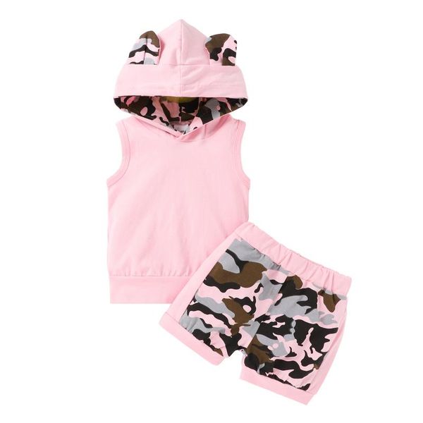 

clothing sets 2021 6-24m infant baby girls two-piece pink camouflage printed pattern 3d ears hooded +shorts casual summer outfits, White