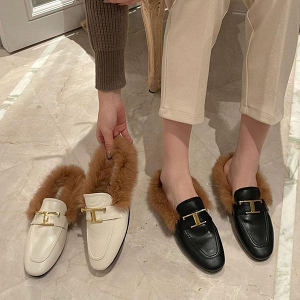 

slippers 2022 winter white furry women ladies slip on mules shoes female short plush flats casual outside flip flop fur slides, Black