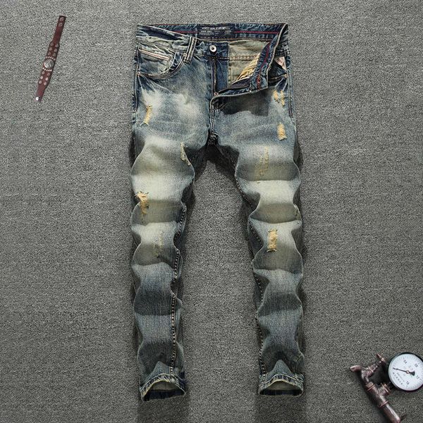 

2021 new cala jeans estilo italiano do vintage slim fit retro lavagem rasgado de brim dos homens denim calas hip hop streetwear hd6k, Blue