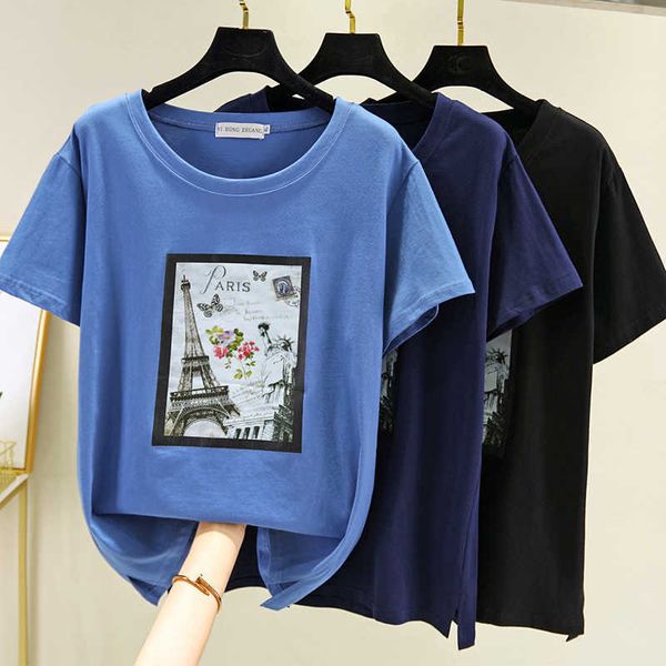 Harajuku Baumwoll T -Shirt Frauen Sommer Kurzarm Korea Stil Applikationen T -Shirt Tops Casual Letter Print T -Shirt Femme 210604
