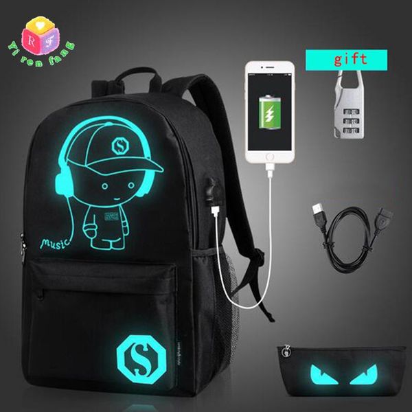 

backpack men women usb charge lapfashion noctilucent cartoon school bag teenagers anti-theft