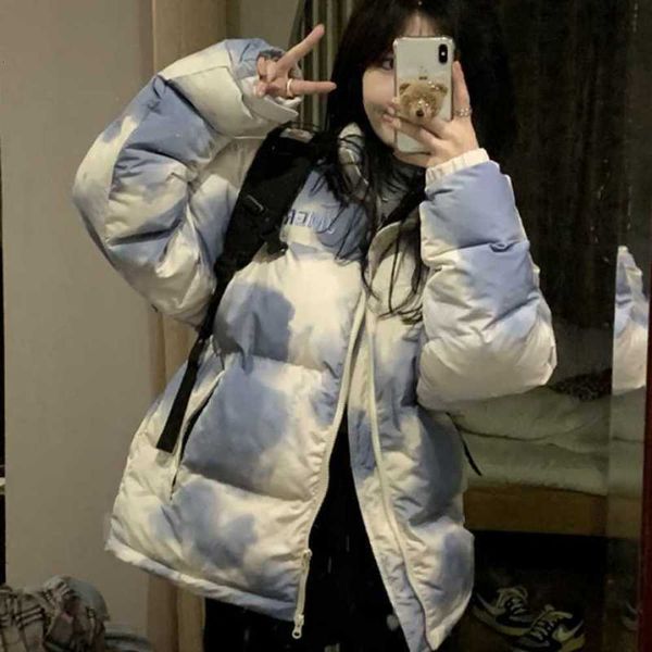 

blue sky white clouds tie dye bread clothes women's 2020 winter new korean students' loose and thickened cotton coat, Black