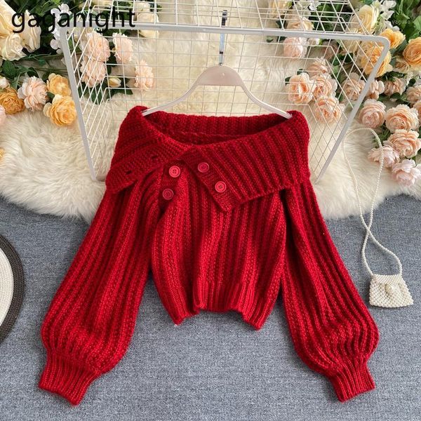 

gaganight casual loose slash neck women knitted sweater puff sleeve 2021 autumn pullovers korean office lady sweaters solid, White;black