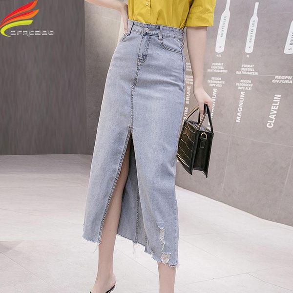 

skirts spring summer 2021 denim maxi high waist hole front split women long jean skirt lady streetwear cool womens, Black