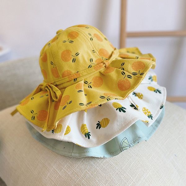 

2-7 years old cute summer baby girl bucket hat print outdoor bowknot kids girl sun hat children intant toddler panama beach cap, Yellow