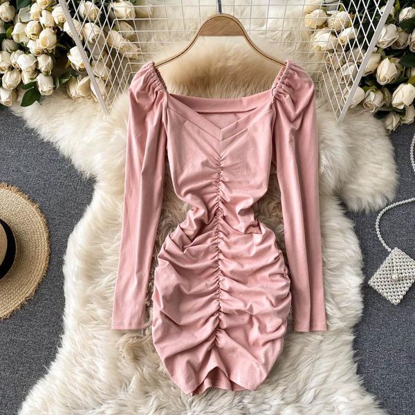 

casual dresses foamlina night club dress korean women spring autumn chic v-neck long sleeve pleated slim fit short pink vestidos, Black;gray