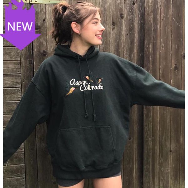 

women's hoodies & sweatshirts long sleeve sweatshirt lady casual streetwear loose 2021 vintage letter embroidery oversized hoodie wome, Black