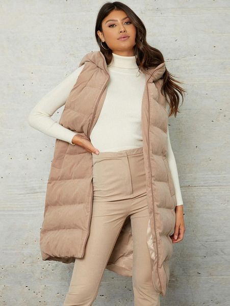 

solid zip up hooded puffer vest 485d#, Black