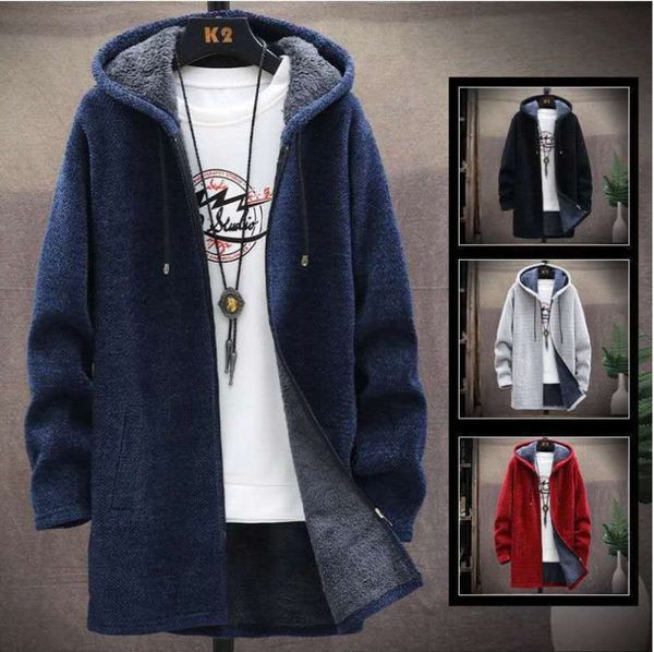 

2020 men's plush thickened chenille sweater large windbreaker medium length hooded jacket, Black