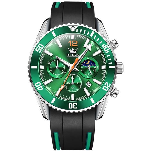 

wristwatches men watch chronograph luminous waterproof luxury mens quartz watches green dial stainless steel strap wristwatch for man, Slivery;brown
