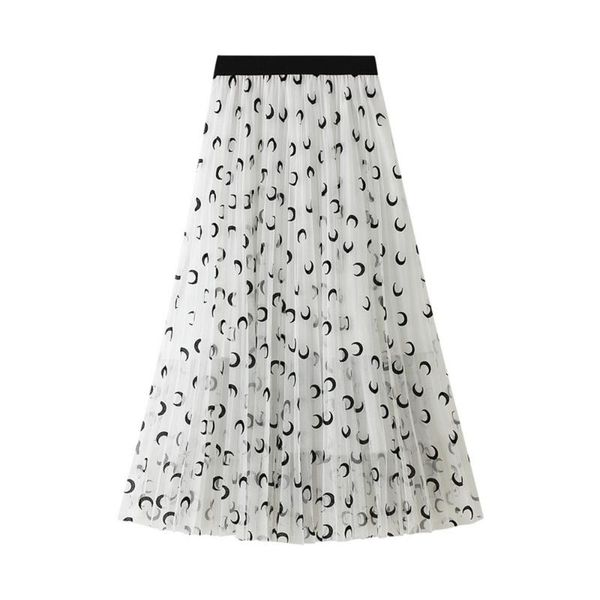 

skirts fashion women spring summer casual crescent moon print stylish trendy a line long mesh daily wear white black pink khaki