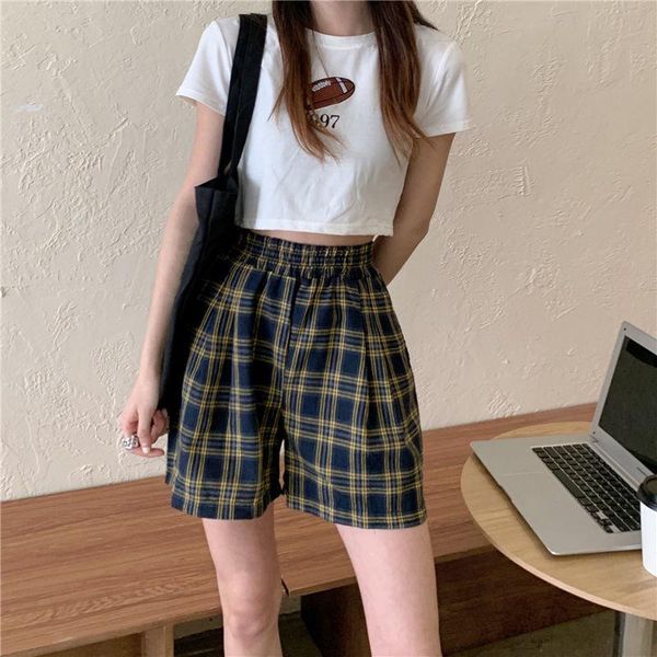 

women's shorts women plaid soft loose retro summer casual fit korean style all-match elastic waist fashion streetwear lady clothing, White;black
