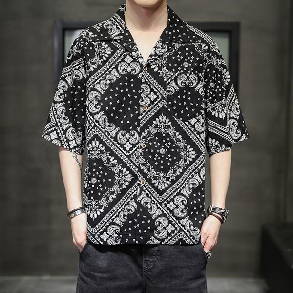 

men's casual shirts oversized bandana shirt short sleeve plaid vintage male paisley korean clothes loose printed, White;black
