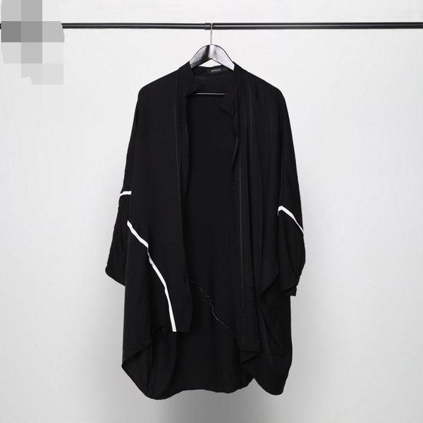 

men's trench coats spring and autumn pure color personality white stripe splicing casual loose cardigan windbreaker coat, Tan;black
