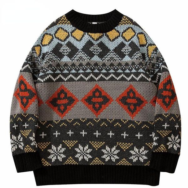

men's sweaters knitted sweater men harajuku hip hop vintage retro geometric pullover 2021 autumn streetwear cotton casual male, White;black
