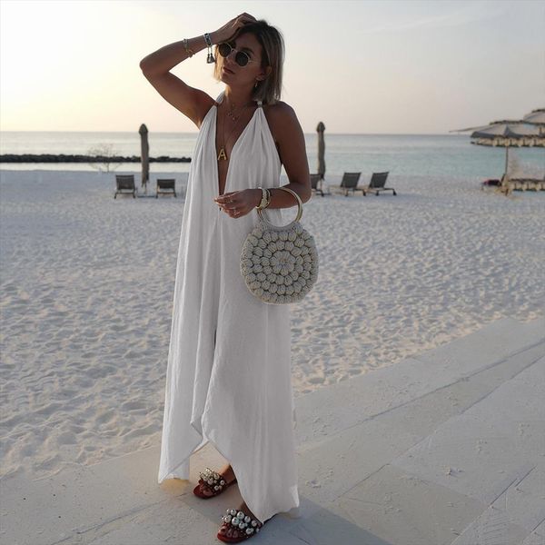 

deep v neck beach dress women tanks casual sleeveless halter dresses summer backless holiday maxi white vestidos robe mujer
