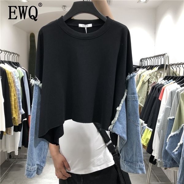 

[ewq] spring summer new pattern round collar long sleeve denim patchwork pullovers streetwear sweatshirt women ah61206 201109, Black
