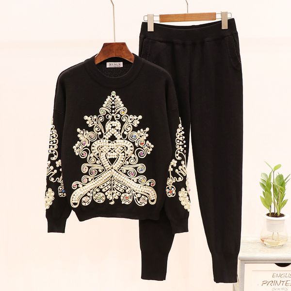 New Outono Winter Tracksuits conjunto feminino beading diamantes manga longa camisola tricotada calças 2 pcs mulheres outono solta pullover calças de malhas senhoras