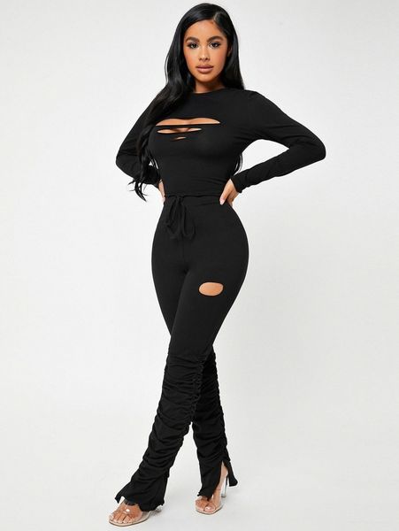 

sxy ripped crop tee & tie waist ruched split hem leggings set d1be#, White
