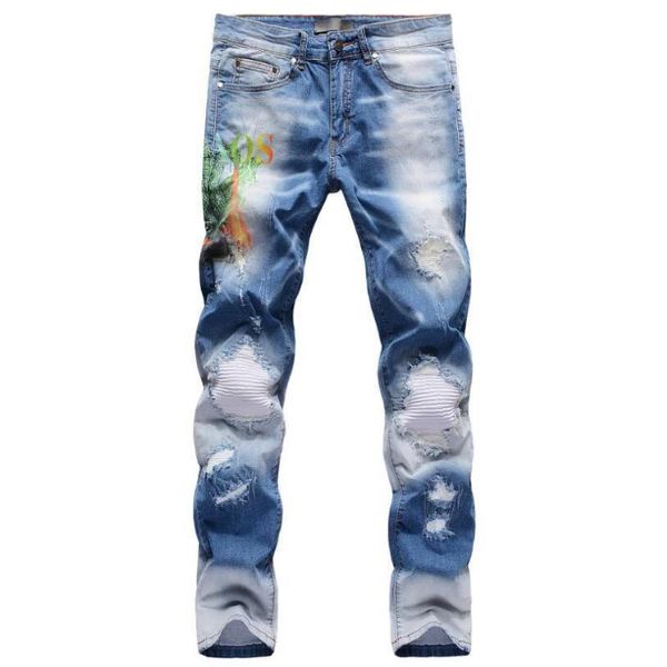 

good quality men light blue jeans holes denim jeans pants slim fit stretch new fashion men streetwear long size 42