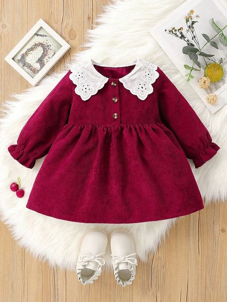 

baby eyelet embroidery flounce sleeve corduroy dress she, Red;yellow