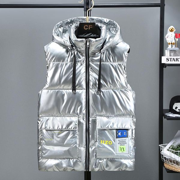 

men's vests winter men shiny vest solid cotton-padded warm sleeveless jacket for man fashion zipper waistcoat plus size 5xl, Black;white