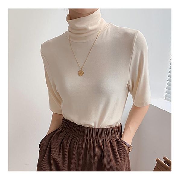 

women's t-shirt 2022 spring women t shirt turtleneck slim thin fashion korean femme short sleeve solid basic casual tees female, White