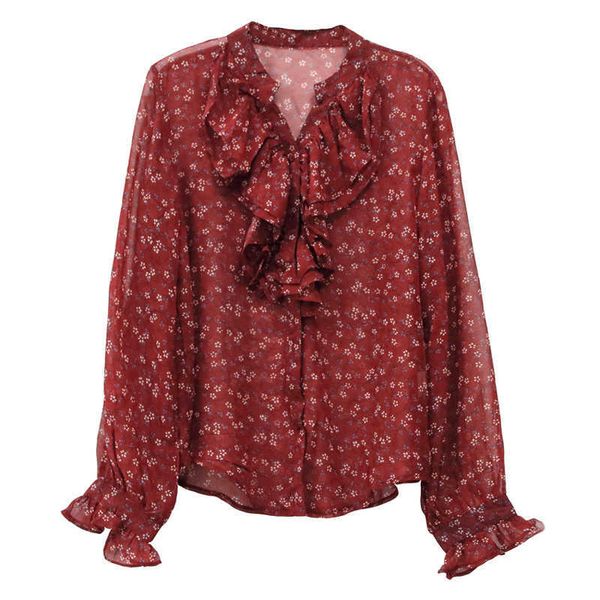 

perhaps u women wine red chiffon blouse ruffle v neck floral print long sleeve office lady work b0176 210529, White