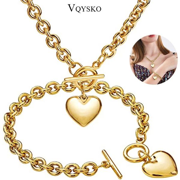 

earrings & necklace love heart and bracelet jewelry sets for women gift stainless steel engagement wedding party chain set fashion, Silver