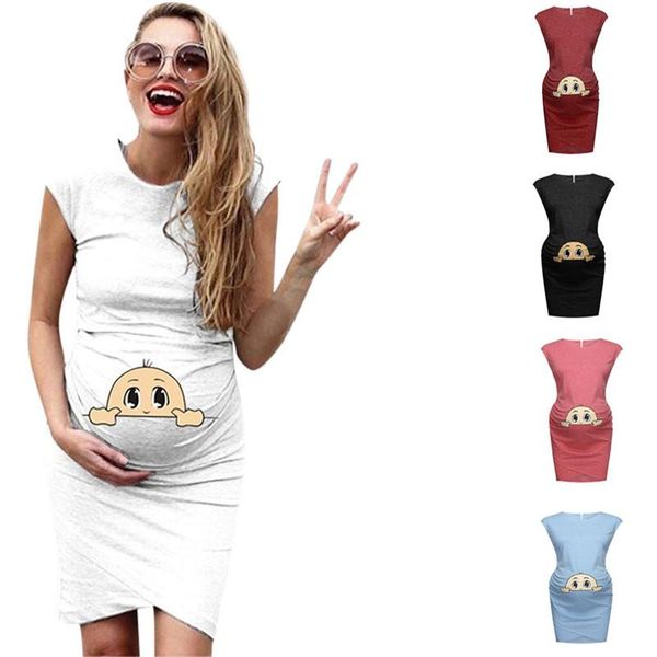 

maternity dresses sleeveless cartoon print dress fashion slim umstandskleid vestidos embarazada pregnancy po shoot pregnant women, White