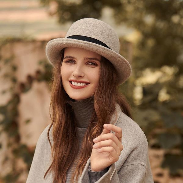 

wide brim hats 2021 autumn winter jazz hat female curled edge small felt caps dome warm wool cap elegant bow romantic french top, Blue;gray