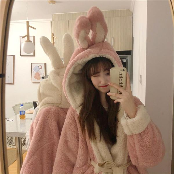 

women's two piece pants 2021 autumn winter thick fluffy flannel sleepwear sweet japanese style ear hooded pajamas leisure wear pieces s, White
