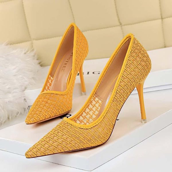 

dress shoes women's high heel fashion show thin mesh lace hollow out shallow pointed mouth, Black