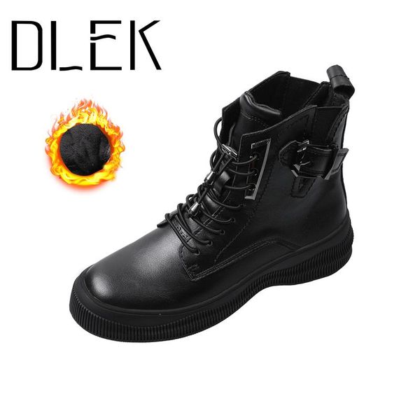 

boots leather women ankle lace-up low heels winter wedges buckle fashion black leisure soft bottom female