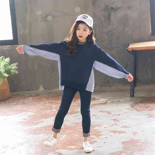 

winter children casual cotton long sleeve patchwork navy blue loose baby girl t-shirt 2-7t 210629