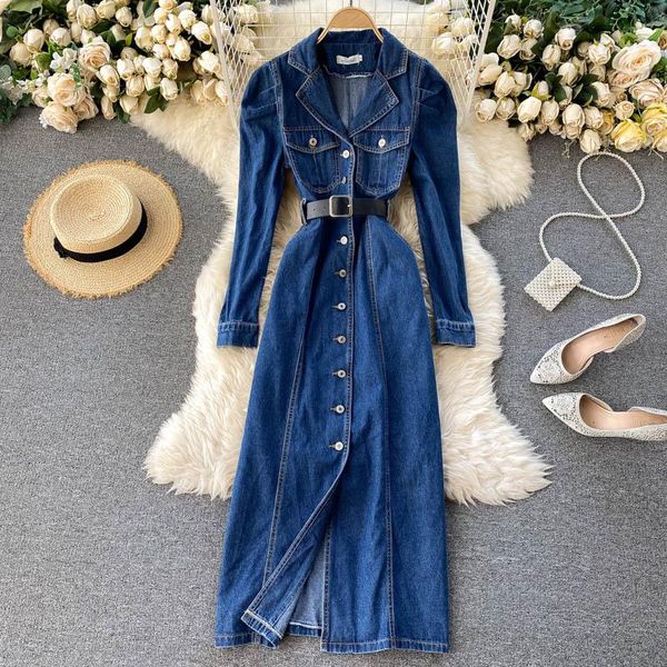 

foamlina vintage blue denim dress women autumn lapel collar full sleeve single breasted korean work jeans long maxi dress, Black;gray