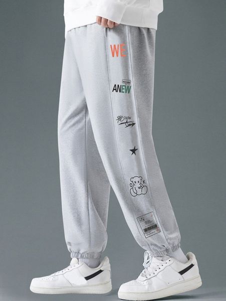 

men letter and bear print patch detail sweatpants e9xj#, Black