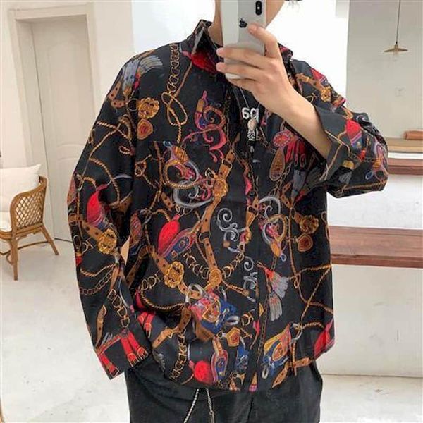 

men's casual shirts vintage shirt men blouses couple abstract graffiti printing korean chiffon flower long-sleeved loose retro hawaiian, White;black