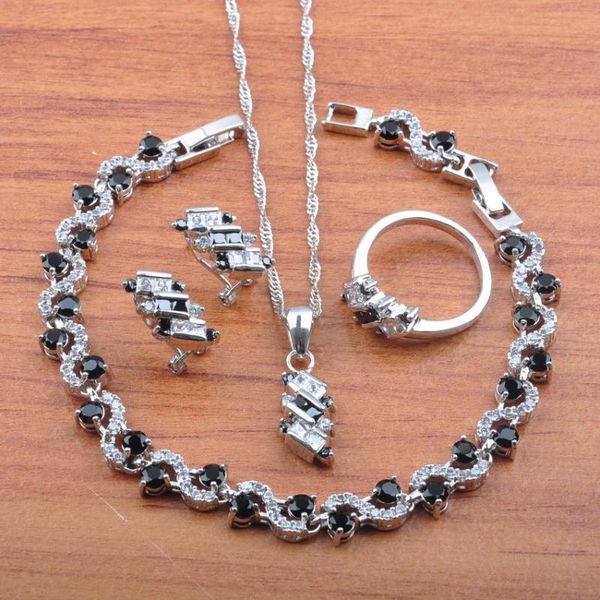 

earrings & necklace 2021 silver color jewelry set black zirconia for women pendant rings bracelet js0546