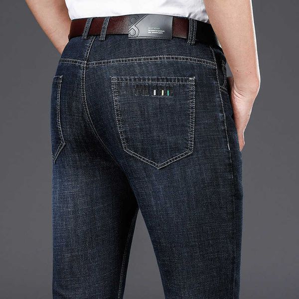 

spring 2021 and summer jeans men's busins leisure straight micro elastic long pants middle age thin dad, Blue