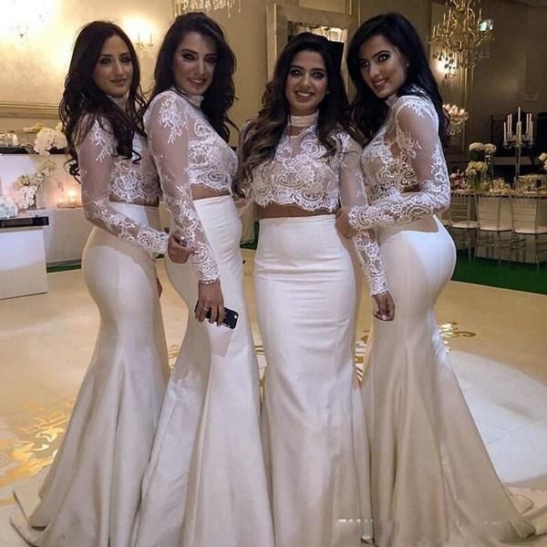 

ivory bridesmaid dresses 2021 two piece high neck mermaid long sleeves sweep train satin maid of honor gown country wedding party vestidos, White;pink