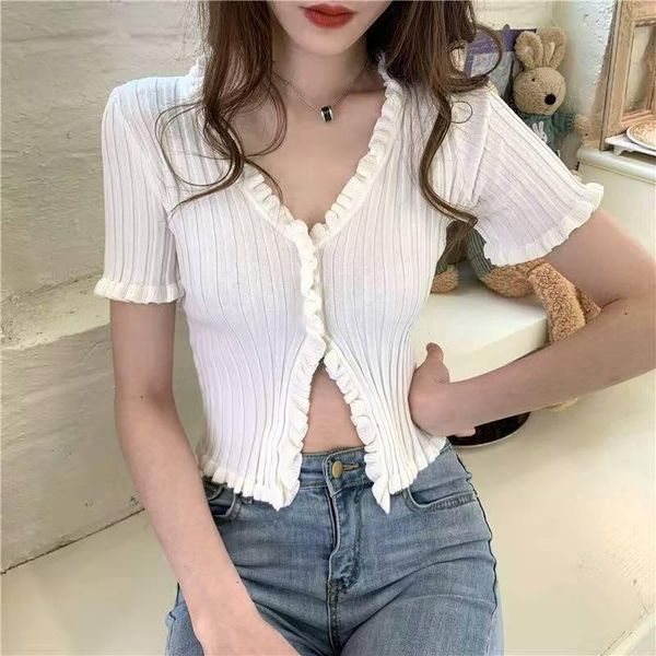 

women's t-shirt summer beauty sweet chic cute girl's knitted shirts women v-neck single breasted good elasticity crop cardigans, White
