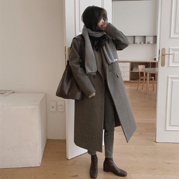 

women's wool & blends double breasted medium and long suit collar over knee coat dark gray high sense woolen straight tube looks thin, Black