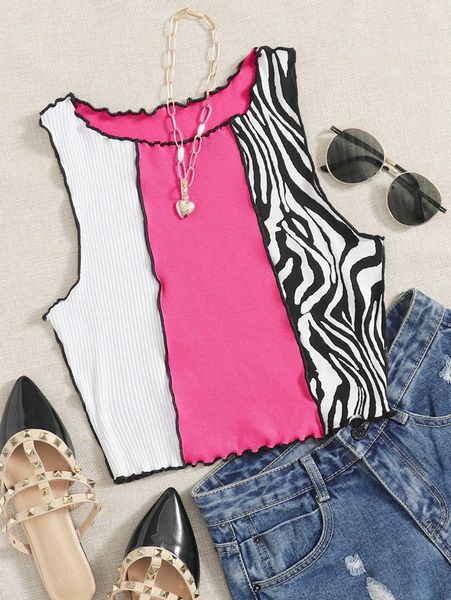 

zebra stripe colorblock lettuce trim tank u95q#, White